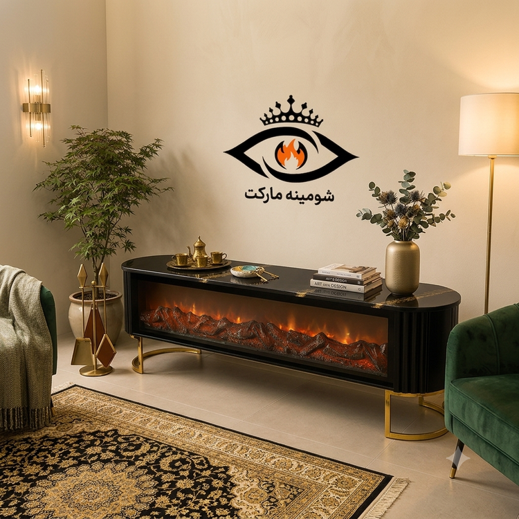 میز TV مدرن مشکی طلایی با شومینه دکوراتیو قابل سفارش در رنگ و طرح های مختلف تولید با ابعاد مد نظر شما